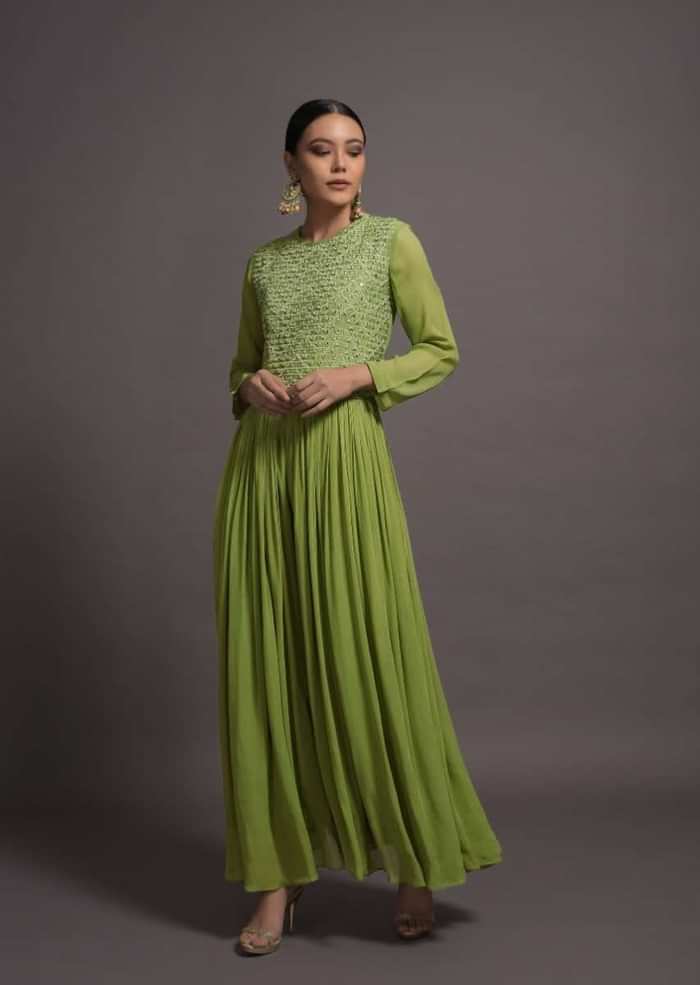 Pickle Green Georgette Jumpsuit With Mirror And Resham Embroidered Bodice