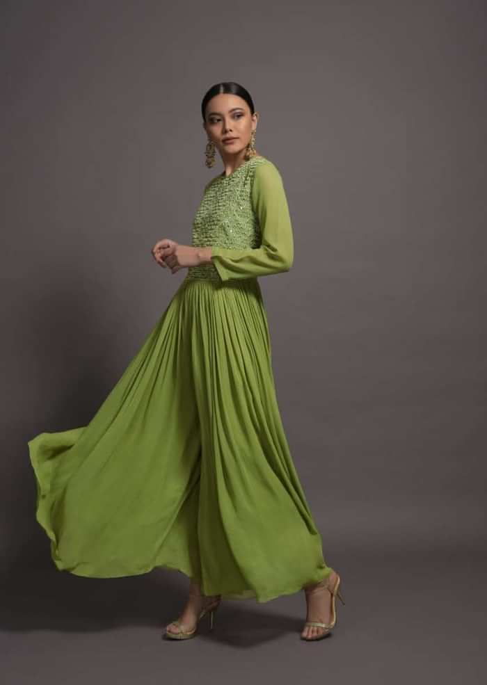 Pickle Green Georgette Jumpsuit With Mirror And Resham Embroidered Bodice