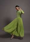 Pickle Green Georgette Jumpsuit With Mirror And Resham Embroidered Bodice
