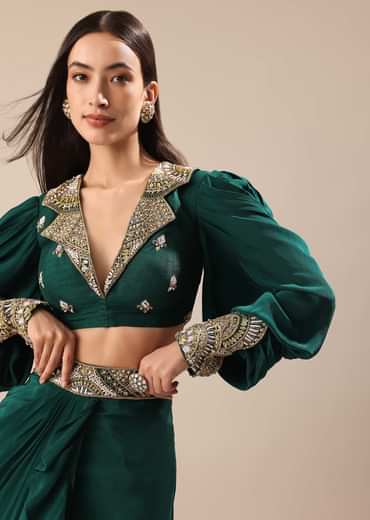 Pine Green Embroidered Blouse And Drape Skirt