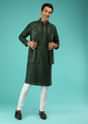 Pine Green Nehru Jacket And Kurta Set In Tussar Silk With Resham And Mirror Abla Embroidered Geometric Design
