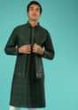 Pine Green Nehru Jacket And Kurta Set In Tussar Silk With Resham And Mirror Abla Embroidered Geometric Design