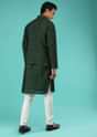 Pine Green Nehru Jacket And Kurta Set In Tussar Silk With Resham And Mirror Abla Embroidered Geometric Design
