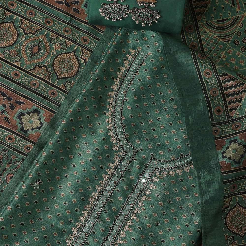 Pine Green Tussar Tribal Geometric Printed Unstitched Dress Material