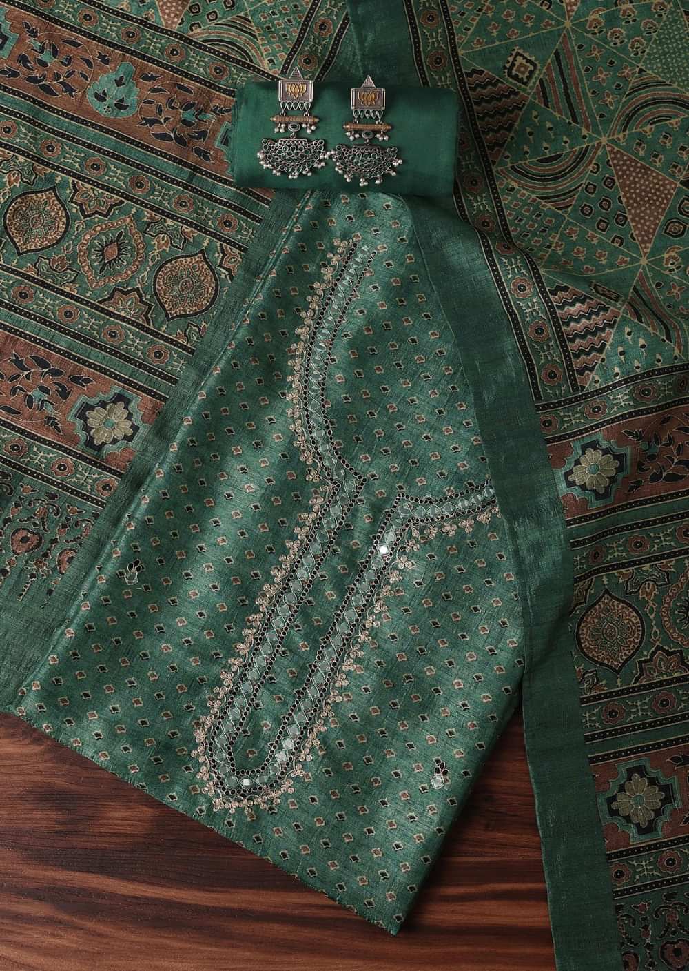 Pine Green Tussar Tribal Geometric Printed Unstitched Dress Material