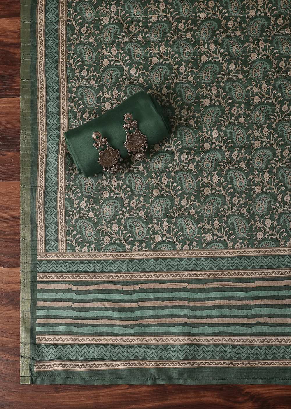 Pine Green Zari Work Tussar Top With Kalamkari Printed Dupatta Unstitched Dress Material