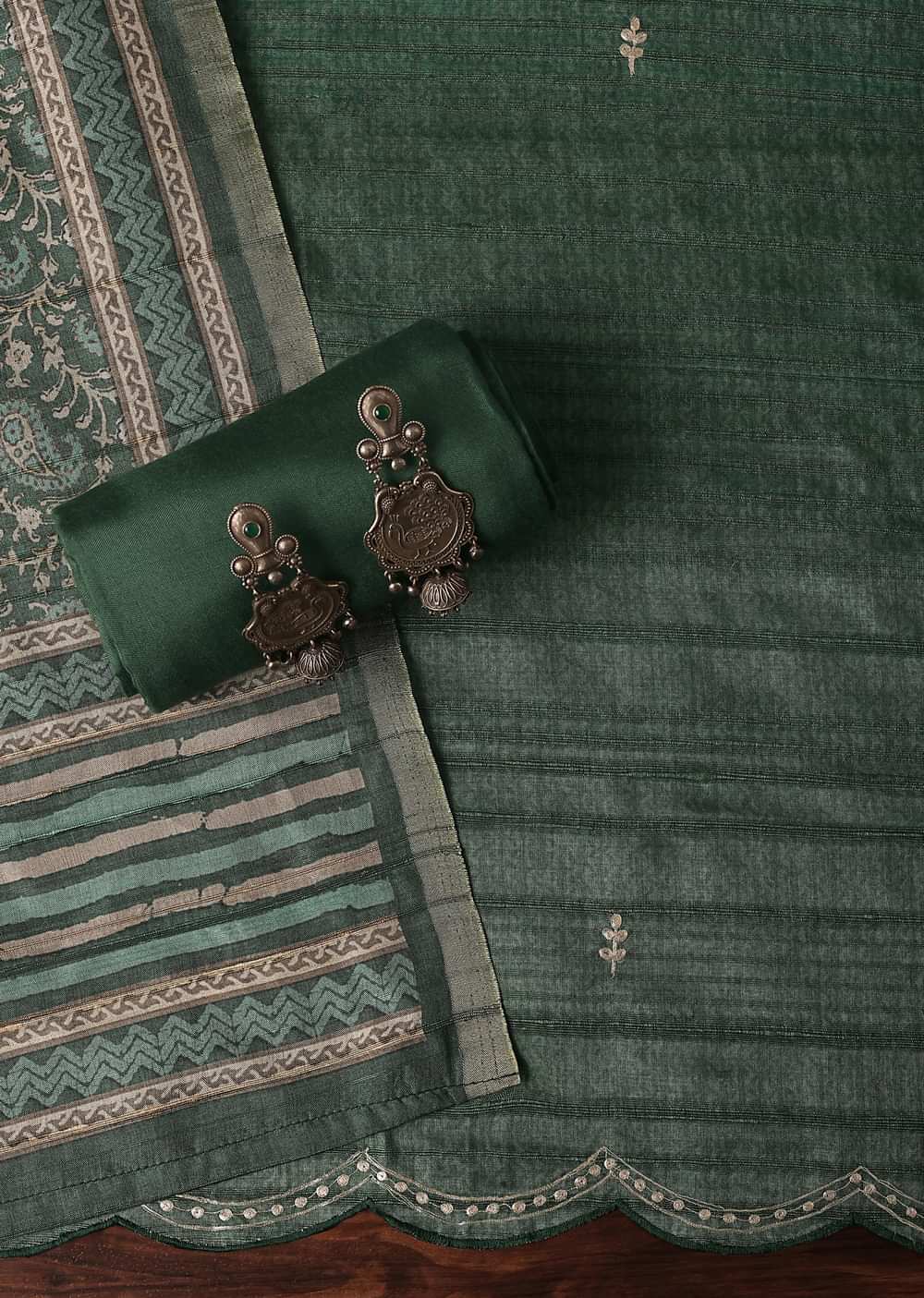 Pine Green Zari Work Tussar Top With Kalamkari Printed Dupatta Unstitched Dress Material