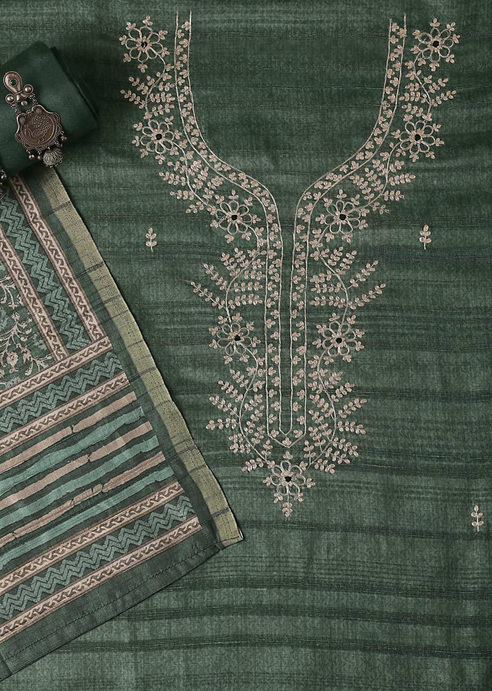 Pine Green Zari Work Tussar Top With Kalamkari Printed Dupatta Unstitched Dress Material