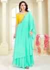 Pineapple Yellow Blouse In Cotton Silk With Mint Green Crepe Skirt With Prestitched Dupatta Online - Kalki Fashion