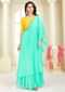 Pineapple Yellow Blouse In Cotton Silk With Mint Green Crepe Skirt With Prestitched Dupatta Online - Kalki Fashion