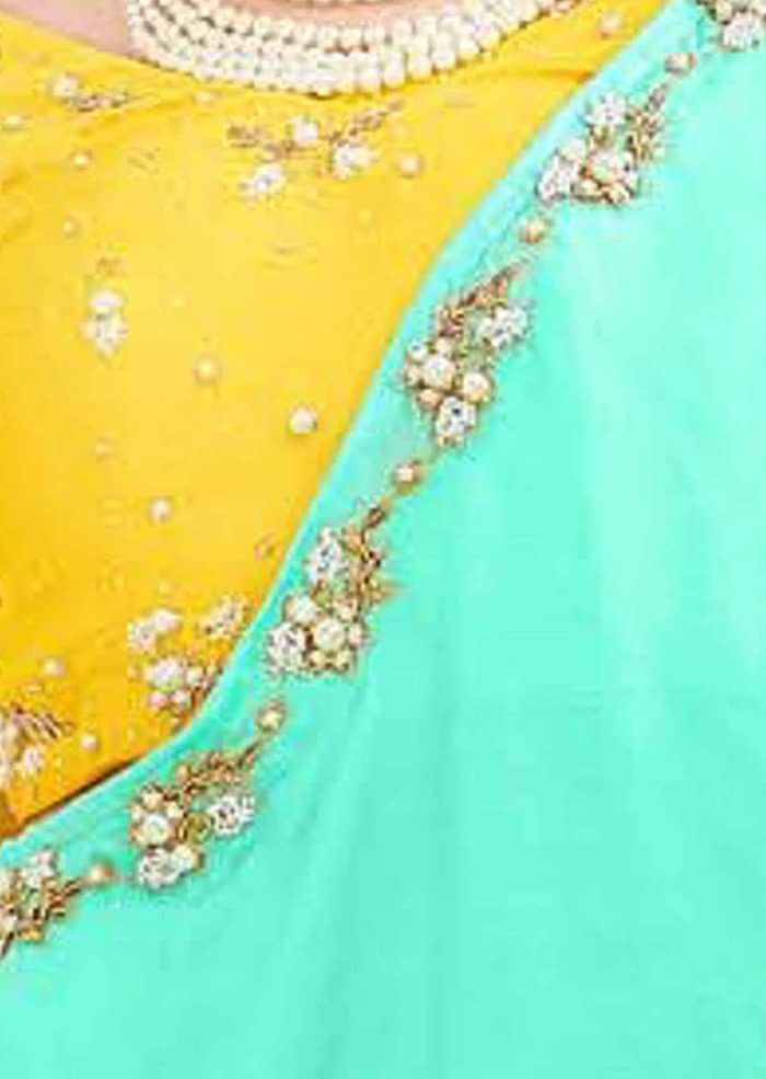 Pineapple Yellow Blouse In Cotton Silk With Mint Green Crepe Skirt With Prestitched Dupatta Online - Kalki Fashion