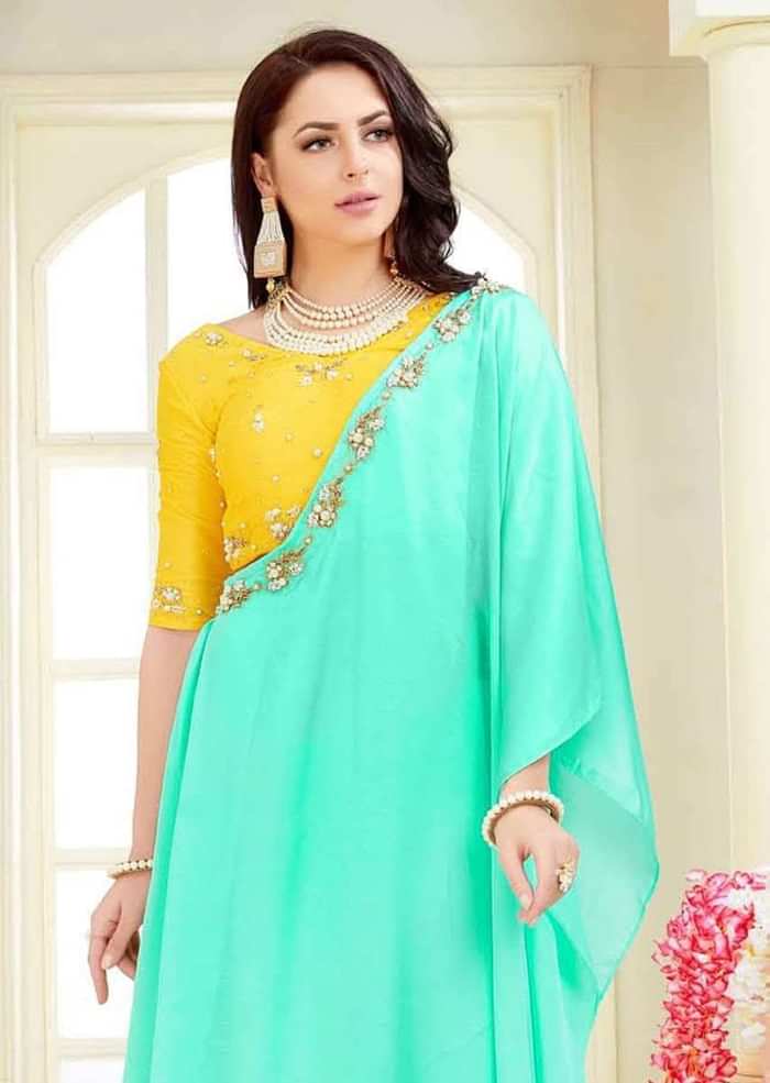 Pineapple Yellow Blouse In Cotton Silk With Mint Green Crepe Skirt With Prestitched Dupatta Online - Kalki Fashion