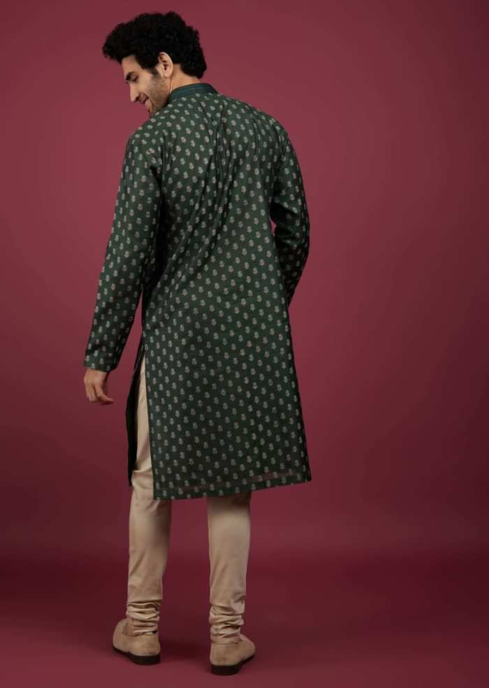 Bottle Green Jackard Printed Kurta Set