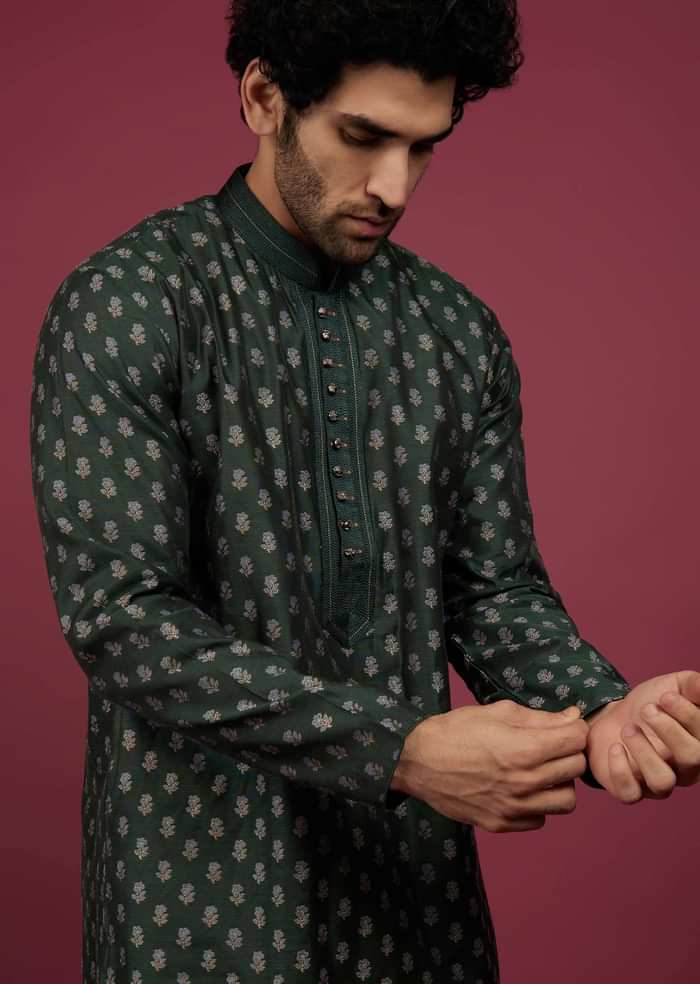 Bottle Green Jackard Printed Kurta Set