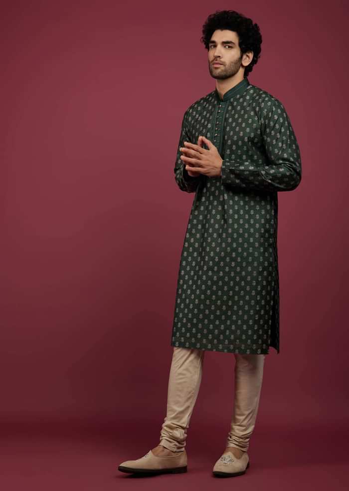 Bottle Green Jackard Printed Kurta Set