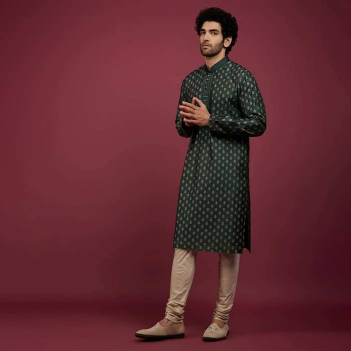 Bottle Green Jackard Printed Kurta Set