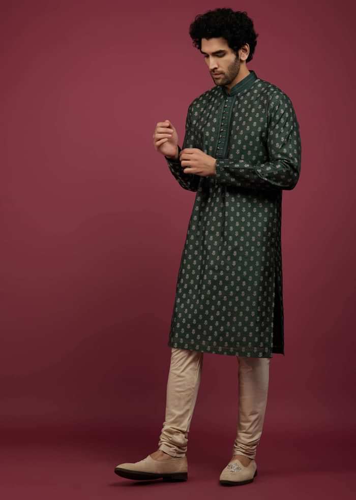 Bottle Green Jackard Printed Kurta Set