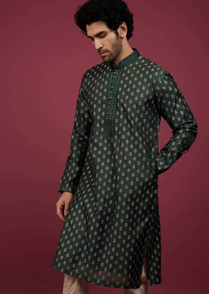 Bottle Green Jackard Printed Kurta Set