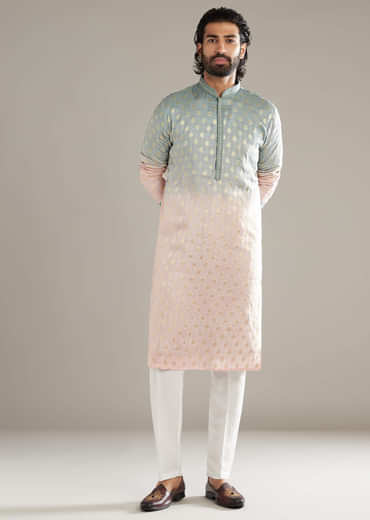 Pink And Green Ombre Silk Kurta Set For Men With Foil Motifs