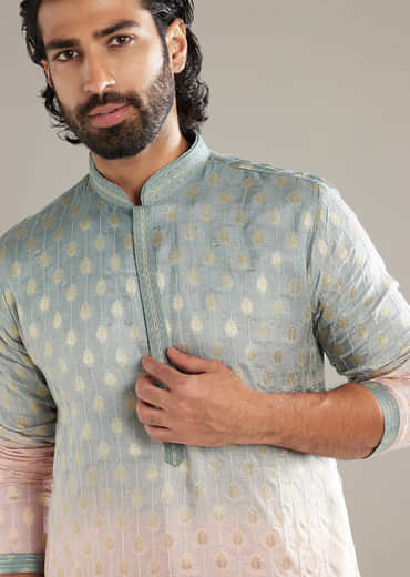 Pink And Green Ombre Silk Kurta Set For Men With Foil Motifs