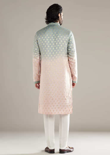 Pink And Green Ombre Silk Kurta Set For Men With Foil Motifs