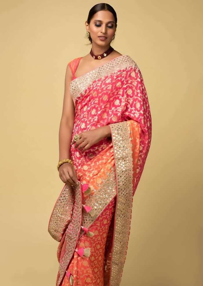Pink And Orange Shaded Banarasi Saree In Georgette With Weaved Floral Jaal And Embroidered Border Online - Kalki Fashion