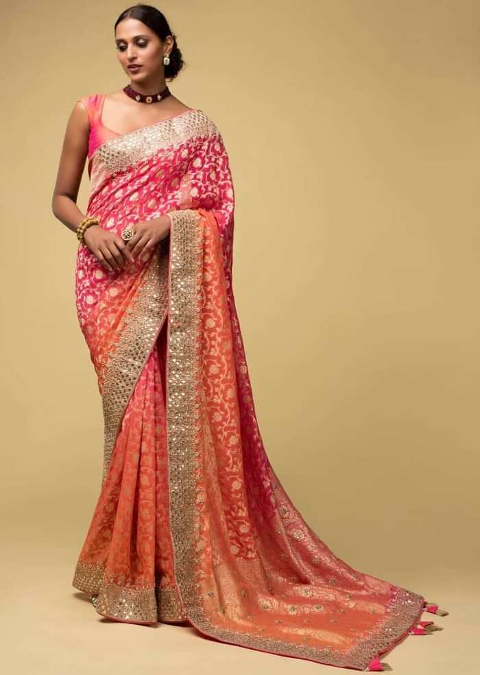 Pink And Orange Shaded Banarasi Saree In Georgette With Weaved Floral Jaal And Embroidered Border Online - Kalki Fashion