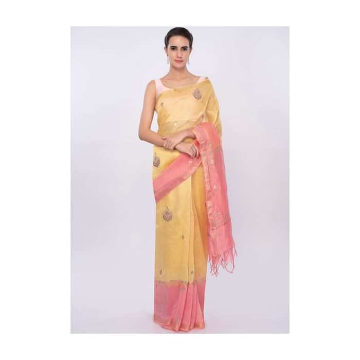 Pink and yellow shaded embroidered linen saree only on Kalki