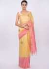 Pink and yellow shaded embroidered linen saree only on Kalki