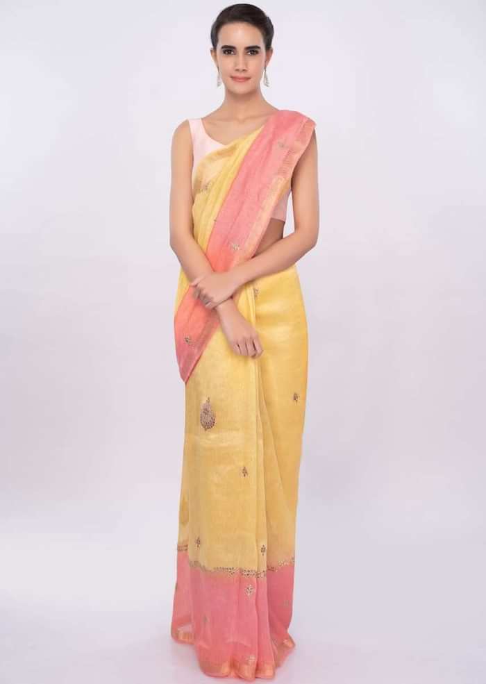 Pink and yellow shaded embroidered linen saree only on Kalki