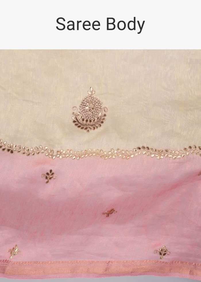 Pink and yellow shaded embroidered linen saree only on Kalki