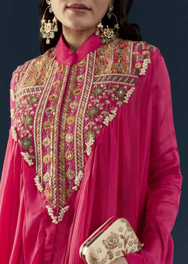 Pink Asymmetric Cape Top and Skirt Set