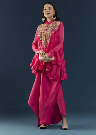 Pink Asymmetric Cape Top and Skirt Set