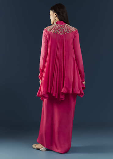 Pink Asymmetric Cape Top and Skirt Set