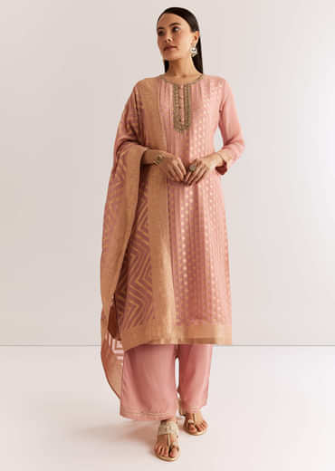 Pink Banarasi Georgette Kurta Set With Zardosi Neckline