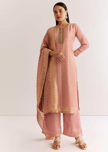 Pink Banarasi Georgette Kurta Set With Zardosi Neckline