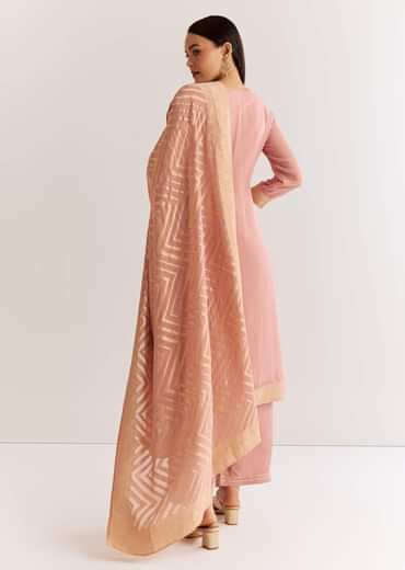 Pink Banarasi Georgette Kurta Set With Zardosi Neckline