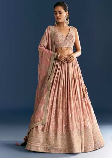 Pink Banarasi Tissue Lehenga Dupatta With Zardosi Choli