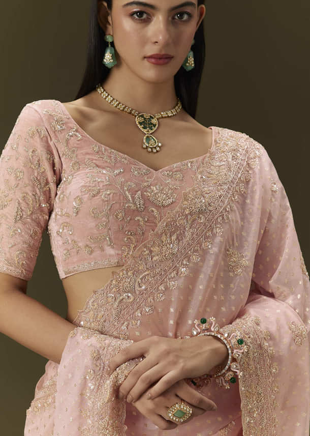 Pink Banarasi Tissue Saree With Velvet Embroidered Blouse