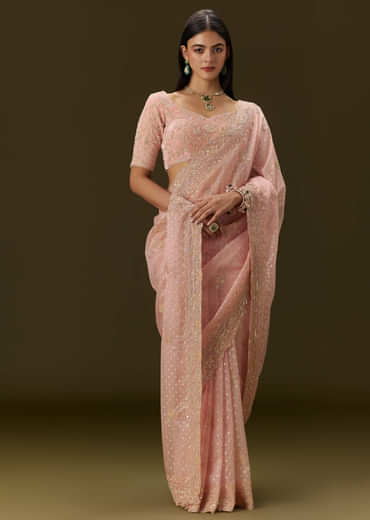 Pink Banarasi Tissue Saree With Velvet Embroidered Blouse