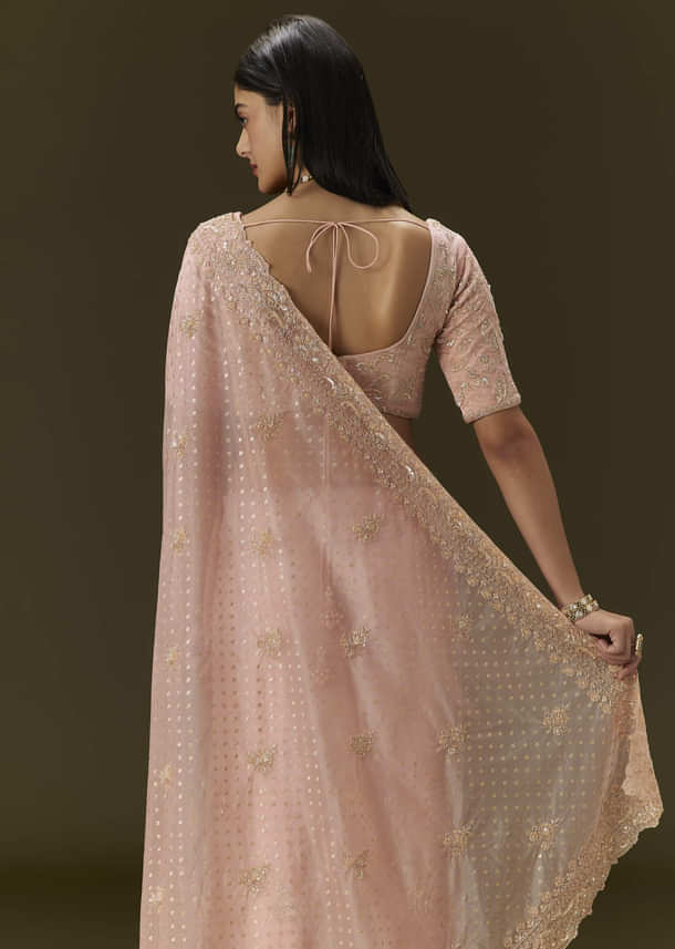 Pink Banarasi Tissue Saree With Velvet Embroidered Blouse