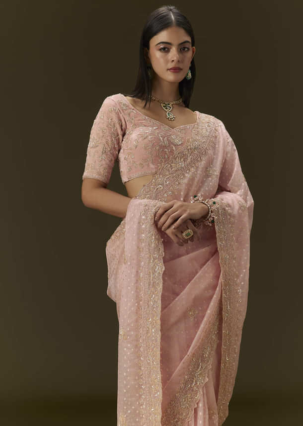 Pink Banarasi Tissue Saree With Velvet Embroidered Blouse