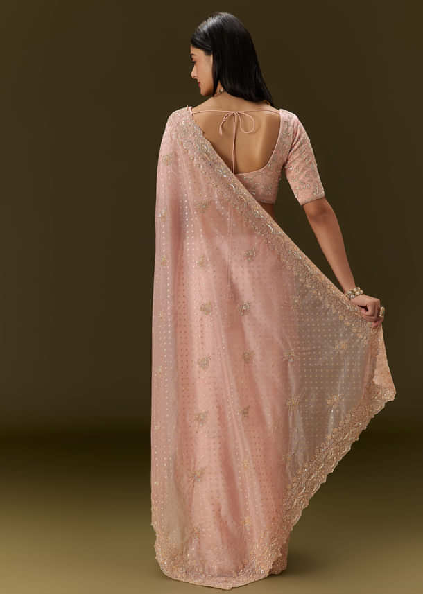 Pink Banarasi Tissue Saree With Velvet Embroidered Blouse