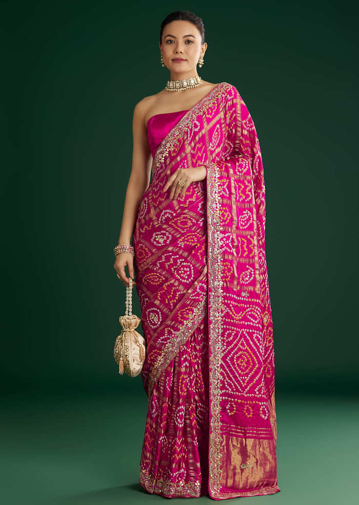 Pink Bandhani Saree With Gota Work