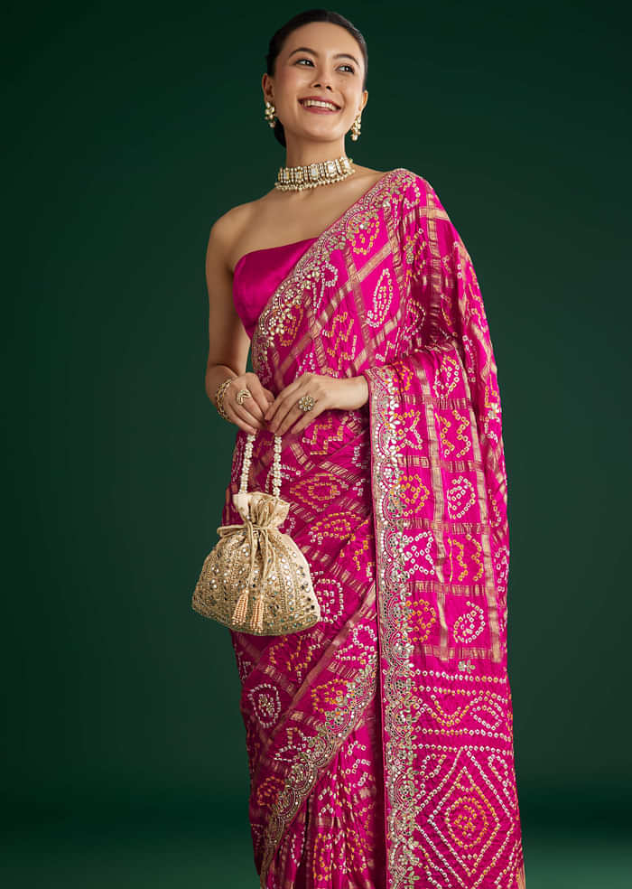 Pink Bandhani Saree With Gota Work