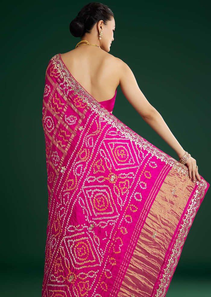 Pink Bandhani Saree With Gota Work