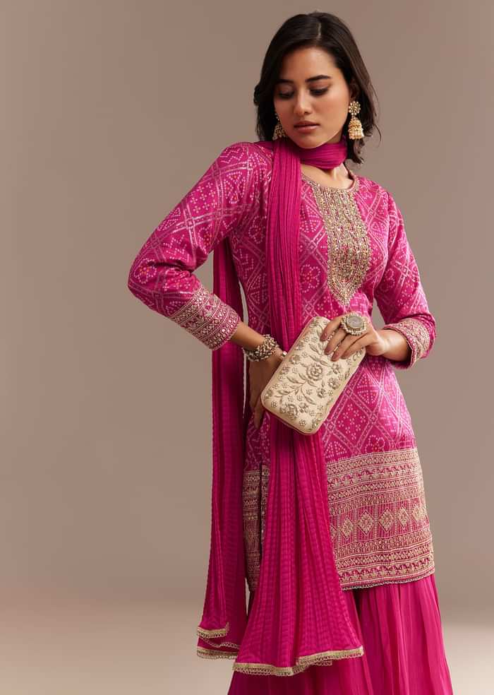 Pink Bandhani Zardosi Sharara Set