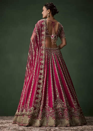 Pink Bridal Raw Silk Zardozi Lehenga Set with Two Dupattas