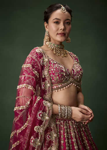 Pink Bridal Raw Silk Zardozi Lehenga Set with Two Dupattas