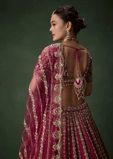 Pink Bridal Raw Silk Zardozi Lehenga Set with Two Dupattas